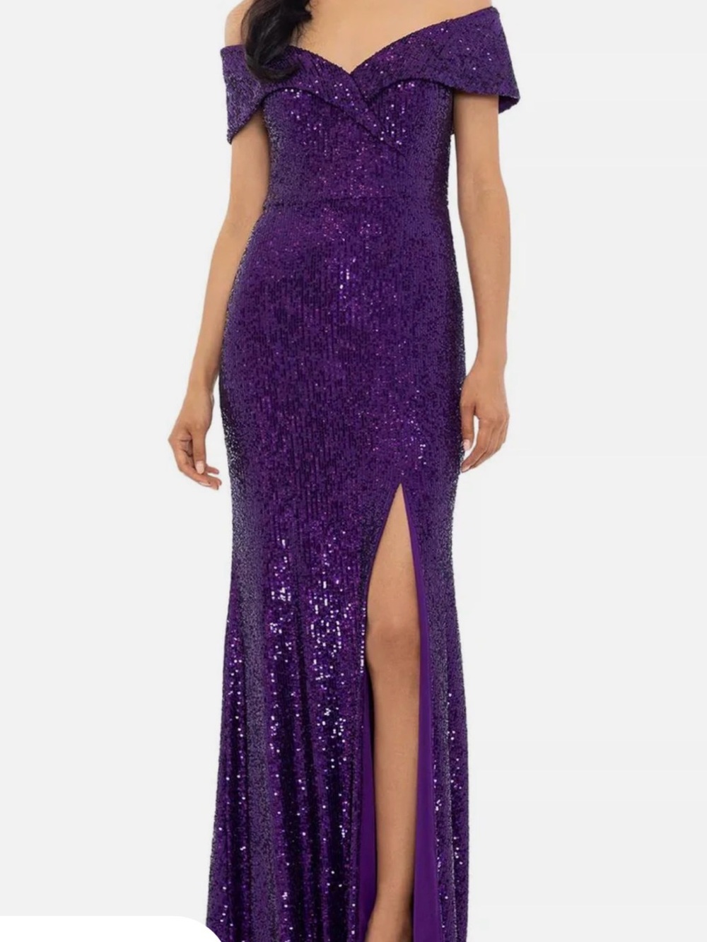 Xscape Off-Shoulder Sequin Evening Gown in Purple